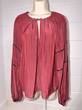 Remy Brook Women's Rose Red Peasant silk Blouse with Beaded Sleeve Detail-002